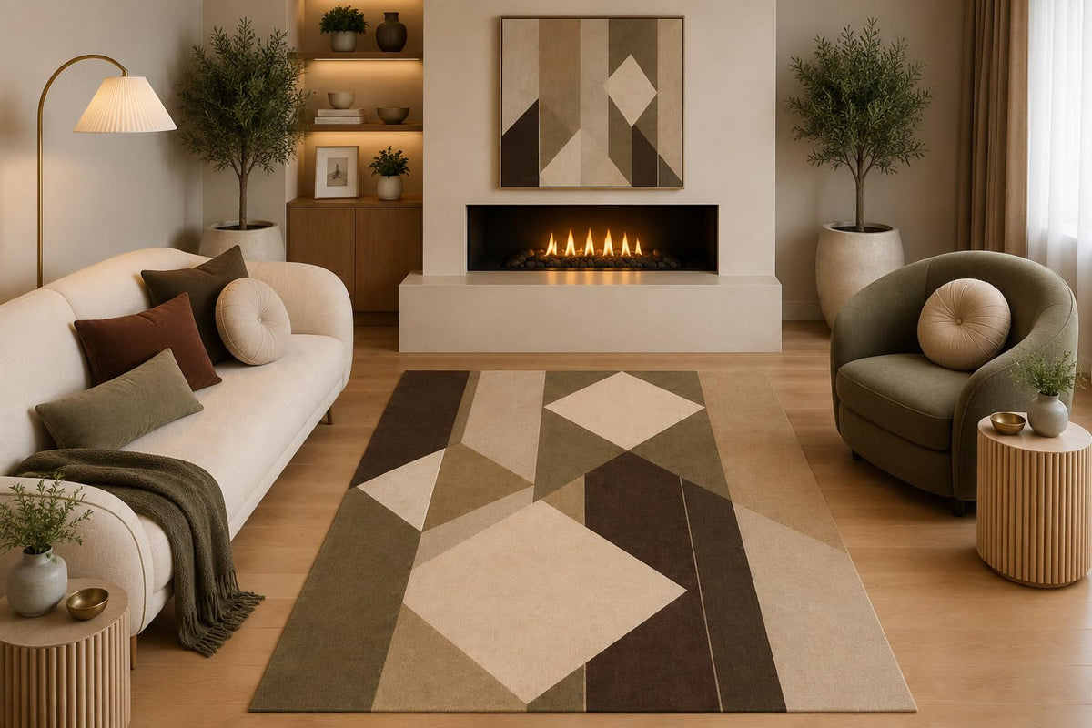ICE ARMOR 5' x 7' Mid Century Geometric Area Rug Abstract Olive Brown Beige Diamond Design for Living Room Bedroom Dining Room Office Non-Slip Silicone Backing Low Pile