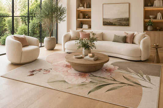ICE ARMOR 6'7" x 9'10" Cream Blush and Sage Floral Area Rug with Soft Orchid Blooms and Organic Color Blocks, Soft Low Pile Non-Slip Indoor Carpet for Living Room and Bedroom