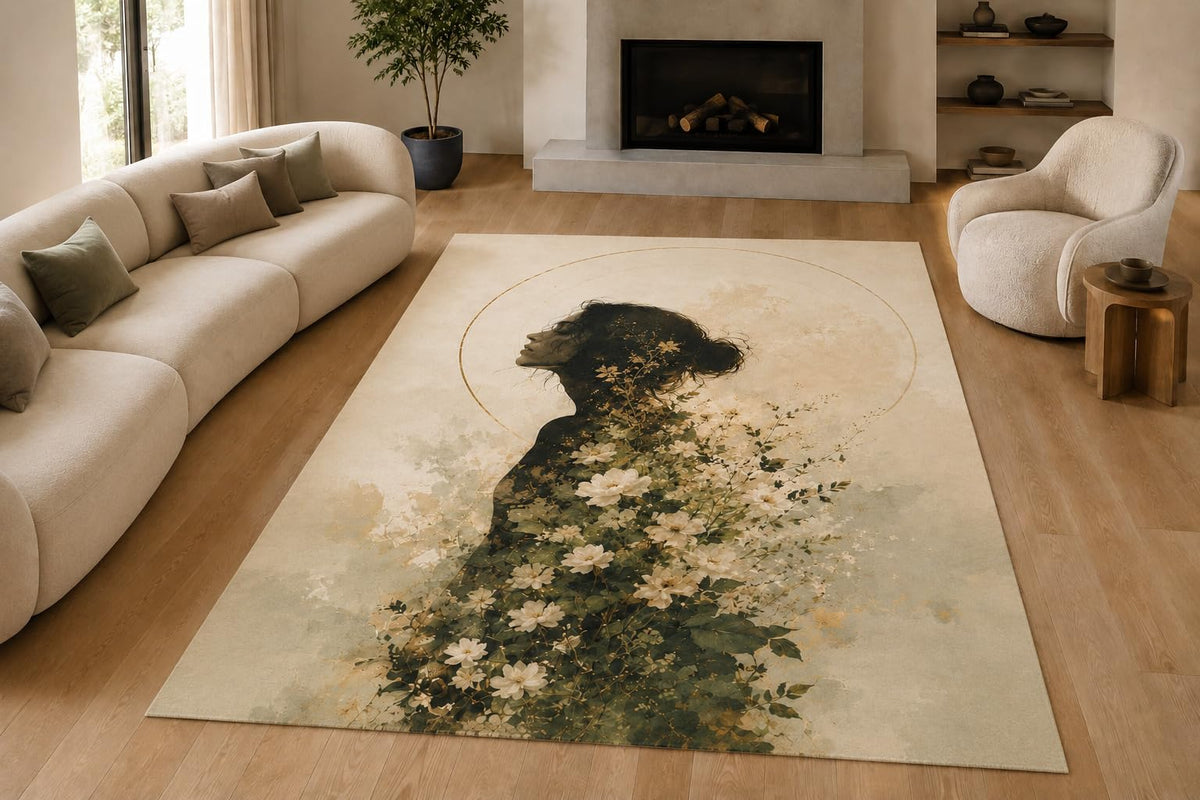 ICE ARMOR "Ultra Lightweight Large 6'7" x 9'10" Floral Gown Figure Area Rug for Living Room, Bedroom and Home Office, Soft Low Pile Carpet with Non-Slip Silicone Backing, Cream and Green
