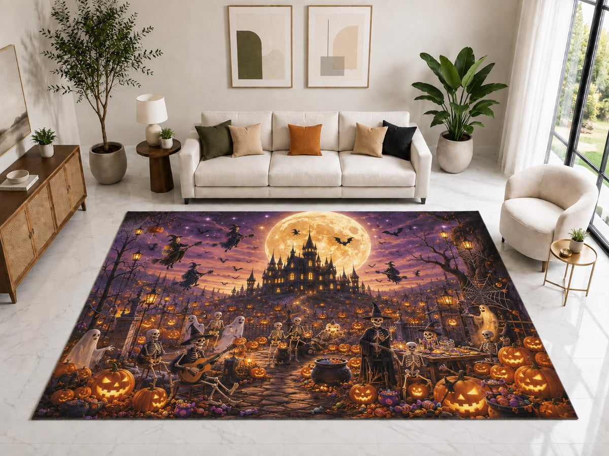 ICE ARMOR "Ultra Light Weight Large 6'7" x 9'10" Haunted Castle Skeleton Rug, Soft Low Pile Indoor Rug, Non-Slip Silicone Backing for Family Room Purple