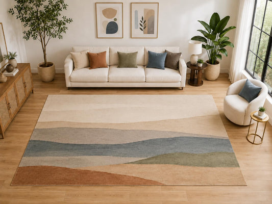 ICE ARMOR "Ultra Light Weight Large 6'7" x 9'10" Layered Hills Abstract Area Rug, Soft Low Pile Indoor Rug and Non-Slip Silicone Backing for Living Room and Bedroom, Beige
