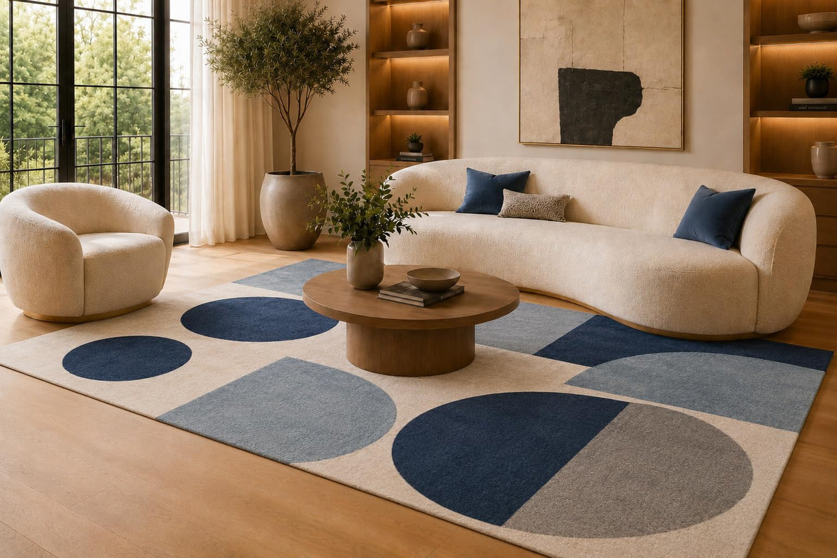 ICE ARMOR 6'7" x 9'10" Blue and Cream Rounded Block Shapes Area Rug for Living Room, Soft Low Pile Carpet with Non-Slip Silicone Backing, Floor Decor for Bedroom, Dining Area and Home Office