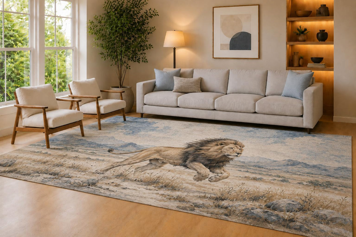 ICE ARMOR Large 6'7" x 9'10" Blue and Beige Running Lion Area Rug for Living Room, Soft Low Pile Carpet with Non-Slip Silicone Backing, Decor for Bedroom Dining Room and Home Office