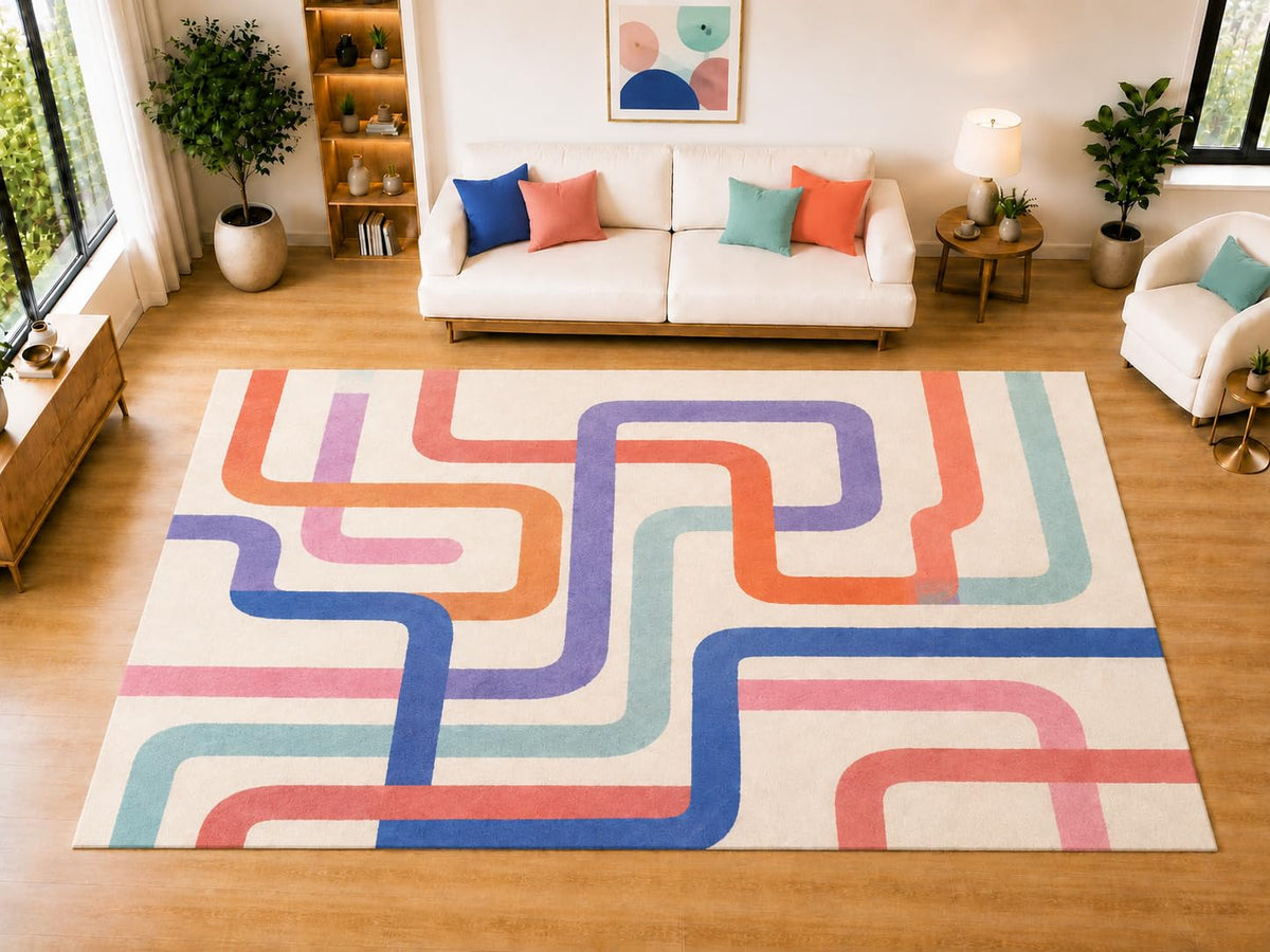 ICE ARMOR "Ultra Light Weight Large 6'7 x 9'10 Interlocking Pastel Lines Area Rug for Living Room, Dining Room, and Bedroom, Soft Low Pile Indoor Rug, Modern Decorative Floor Decor