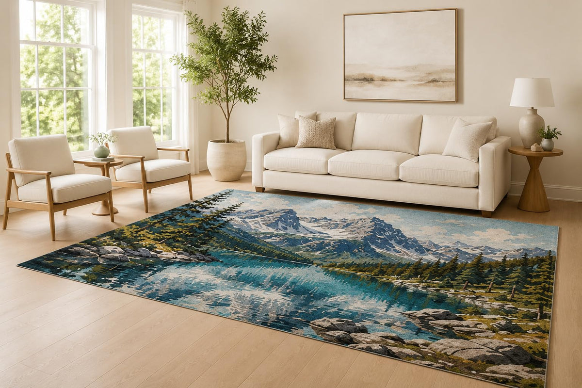 ICE ARMOR Large 6'7" x 9'10" Blue and Green Alpine Lake Area Rug for Living Room, Soft Low Pile Carpet with Non-Slip Silicone Backing, Decor for Bedroom and Home Office