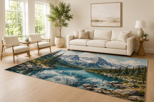 ICE ARMOR Large 6'7" x 9'10" Blue and Green Alpine Lake Area Rug for Living Room, Soft Low Pile Carpet with Non-Slip Silicone Backing, Decor for Bedroom and Home Office