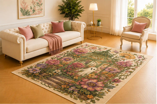 ICE ARMOR 5' x 7' Haunted Greenhouse Garden Rug, Vintage Floral Conservatory with Friendly Ghost, Elegant Halloween Floor Decor for Living Room, Bedroom or Entryway