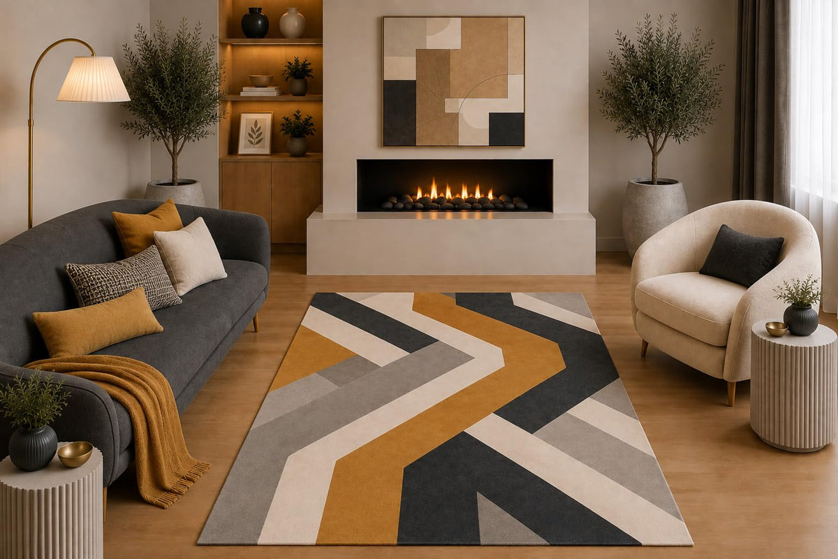 ICE ARMOR "Ultra Light Weight 5' x 7' Modern Geometric Area Rug Charcoal Gray Beige Mustard Abstract Linear Design for Living Room Bedroom Dining Room Office Non-Slip Silicone Backing Low Pile