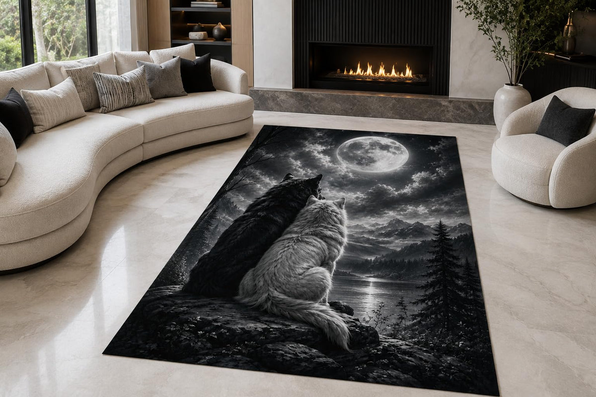 ICE ARMOR "Ultra Lightweight Large 6'7" x 9'10" Wolves Watching Moon Area Rug for Living Room, Bedroom and Home Office, Soft Low Pile Carpet with Non-Slip Silicone Backing, Black and Gray