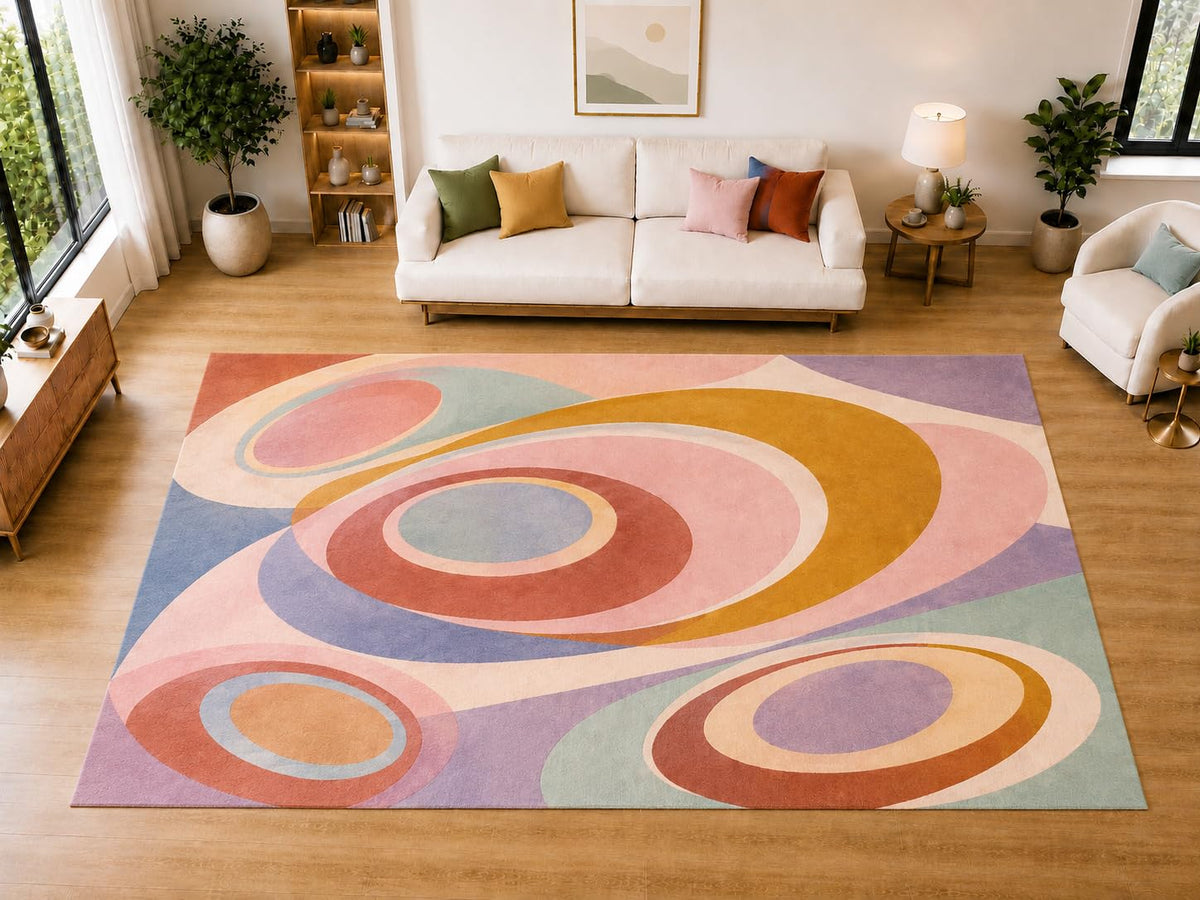 ICE ARMOR "Ultra Light Weight Large 6'7 x 9'10 Retro Oval Swirl Rings Area Rug for Living Room, Dining Room, and Bedroom, Soft Low Pile Indoor Rug, Artistic Floor Decor