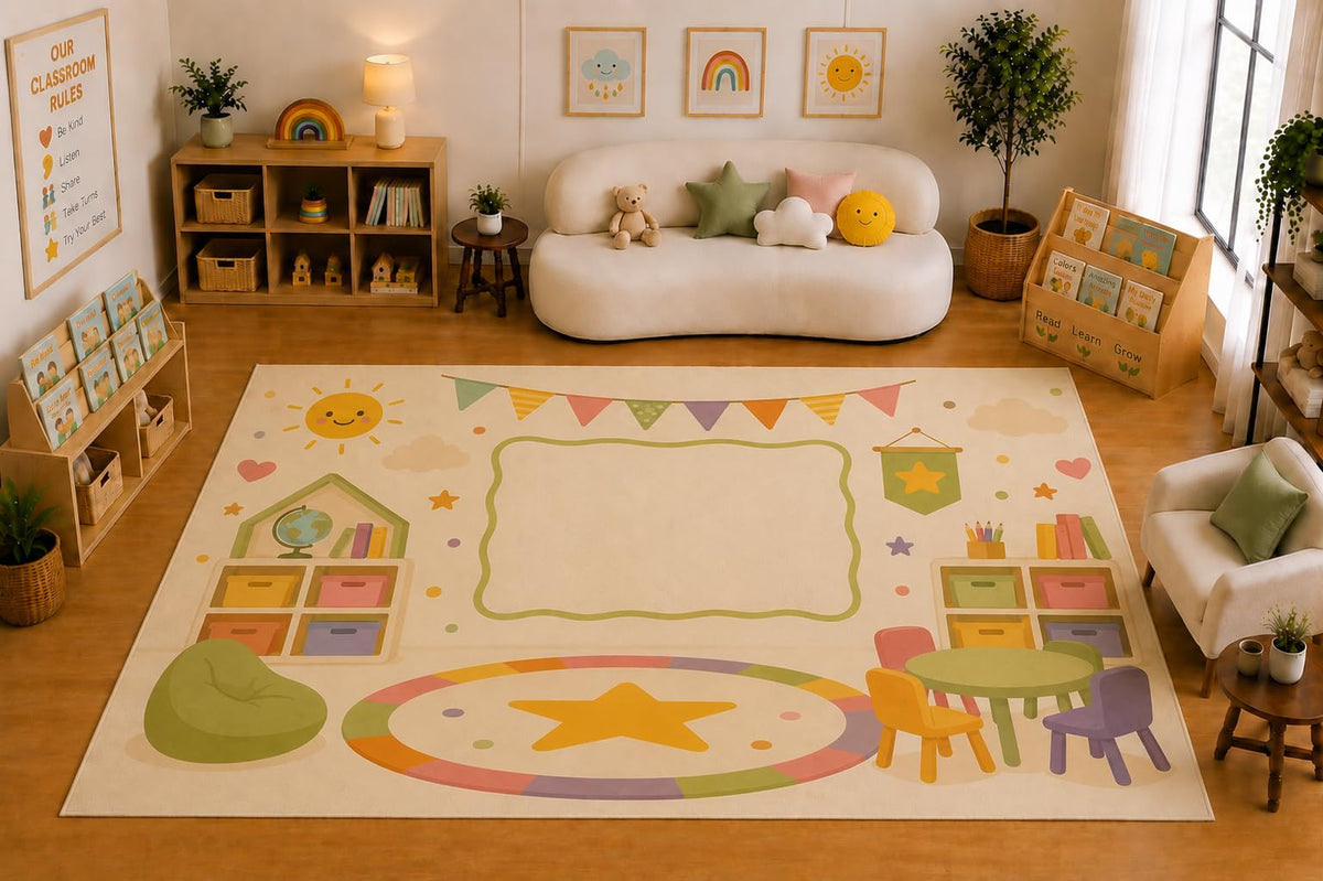 ICE ARMOR Large 6'7" x 9'10" Classroom Learning Center Area Rug for for Kids Room, Classroom, Bedroom, Playroom Decor, Soft Low Pile Indoor Rug with Non-Slip Silicone Backing, Cream Pastel