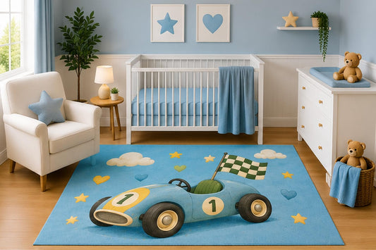ICE ARMOR 5' x 7' Watercolor Vintage Race Car Nursery Area Rug, Retro Racing Vehicle Kids Bedroom Playroom Decor Carpet, Non-Slip Silicone Backing Low Pile