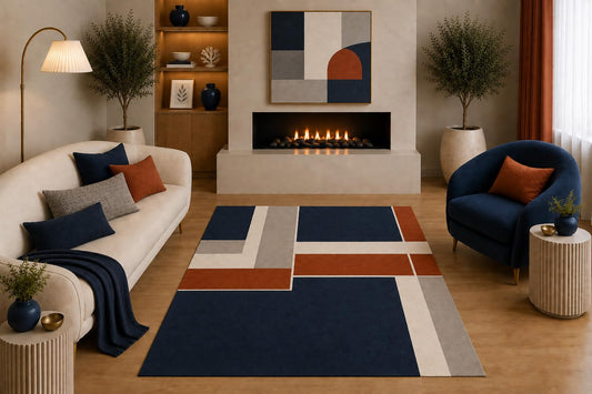 ICE ARMOR "Ultra Light Weight 5' x 7' Modern Geometric Area Rug Navy Blue Rust Gray Cream Abstract Linear Design for Living Room Bedroom Dining Room Office Non-Slip Silicone Backing Low Pile