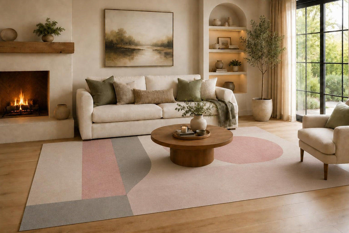 ICE ARMOR Large 6'7" x 9'10" Blush Pink and Gray Curved Panel Lines Area Rug for Living Room, Soft Low Pile Carpet with Non-Slip Silicone Backing, Decor for Bedroom, Dining Area and Home Office