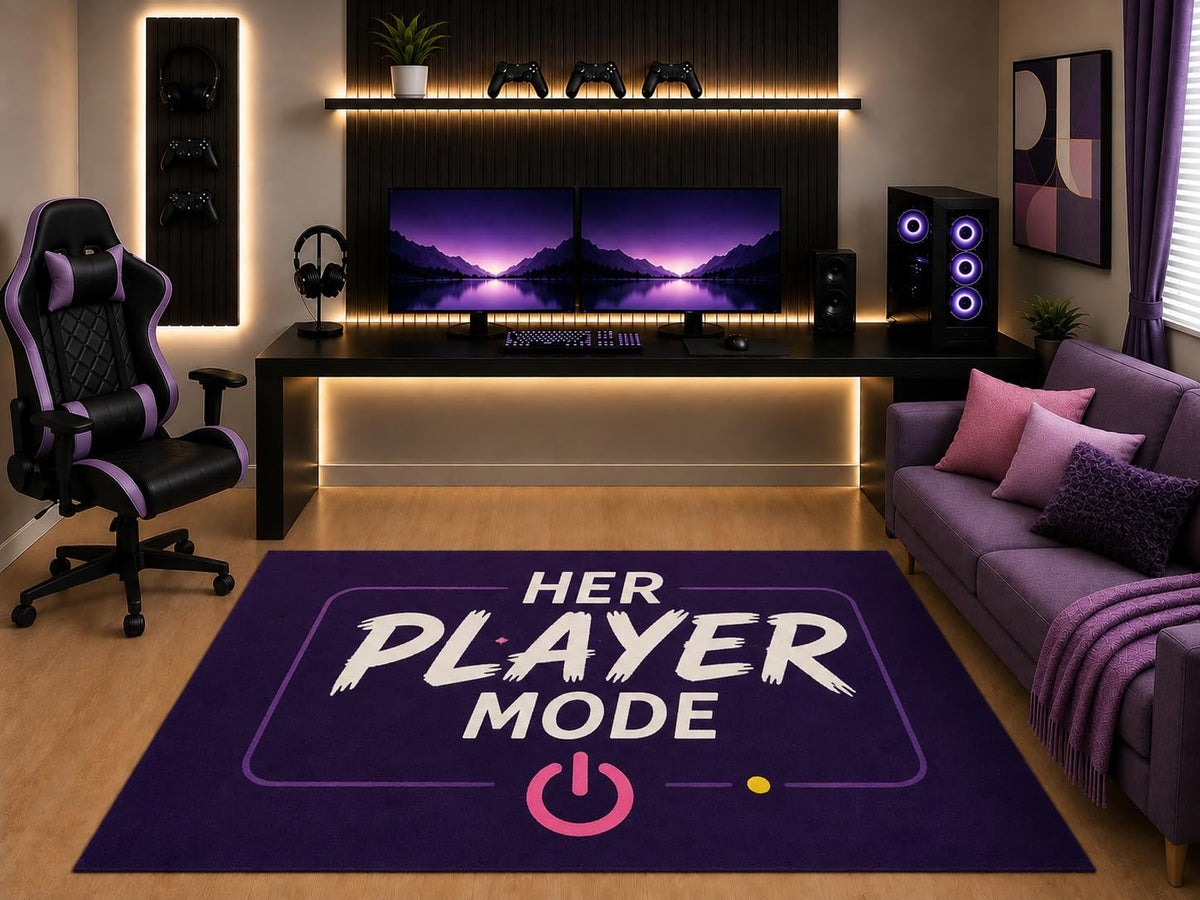 ICE ARMOR "Ultra Light Weight 5' x 7' Her Player Mode Gaming Area Rug Purple Gamer Graphic for Girls Teen Bedroom Gaming Room Playroom Non-Slip Silicone Backing Low Pile