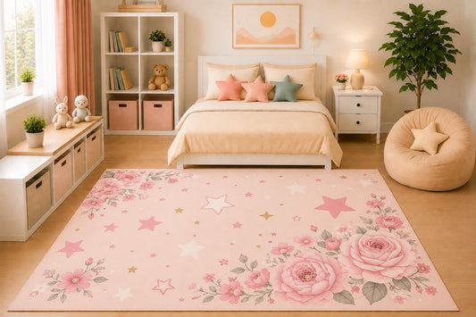 ICE ARMOR 5' x 7' Pink Floral and Stars Area Rug Cute Botanical Garden Girls Bedroom Nursery Playroom Decor Pastel Flower Theme Non-Slip Silicone Backing Low Pile