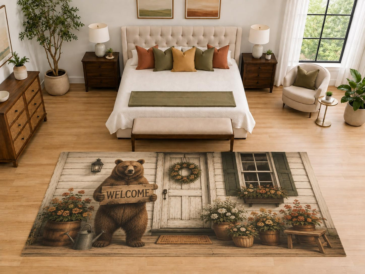 ICE ARMOR "Ultra Light Weight Large 6'7" x 9'10" Welcome Bear Porch Area Rug, Soft Low Pile Indoor Rug, Non-Slip Silicone Backing, Living Room, Beige