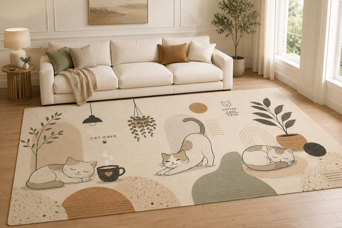ICE ARMOR "Ultra Lightweight Large 6'7" x 9'10" Cozy Cat Cafe Area Rug for Living Room, Bedroom and Home Office, Soft Low Pile Carpet with Non-Slip Silicone Backing, Beige and Sage