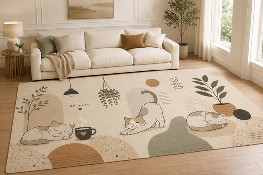ICE ARMOR "Ultra Lightweight Large 6'7" x 9'10" Cozy Cat Cafe Area Rug for Living Room, Bedroom and Home Office, Soft Low Pile Carpet with Non-Slip Silicone Backing, Beige and Sage
