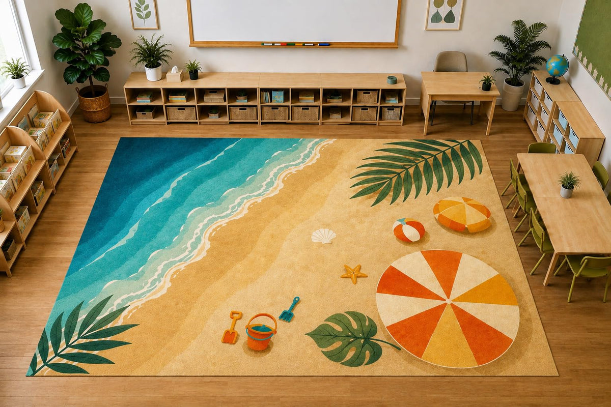 ICE ARMOR Large 6'7" x 9'10" Tropical Beach Area Rug, Soft Low Pile Indoor Rug with Non-Slip Silicone Backing for Living Room and Bedroom, Beige