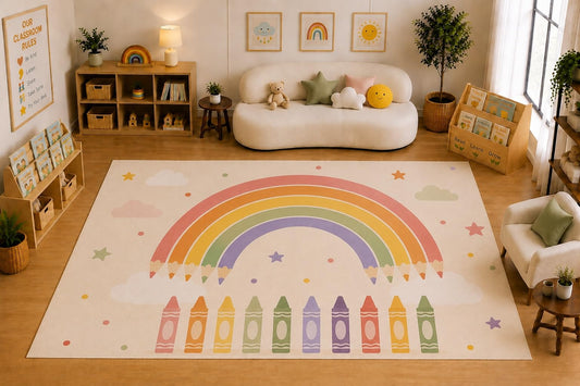 ICE ARMOR Large 6'7" x 9'10" Rainbow Crayon Art Area Rug for Kids Room, Classroom, Bedroom, Playroom Decor, Soft Low Pile Indoor Rug with Non-Slip Silicone Backing, Cream Multicolor