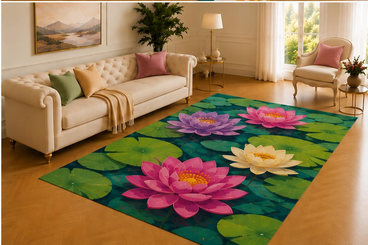 ICE ARMOR 5' x 7' Water Lily Rug, Pink, Purple and Ivory Blooms Floating Among Broad Green Pads, Tranquil Nature Decor for Living Room, Bedroom, Office or Reading Nook