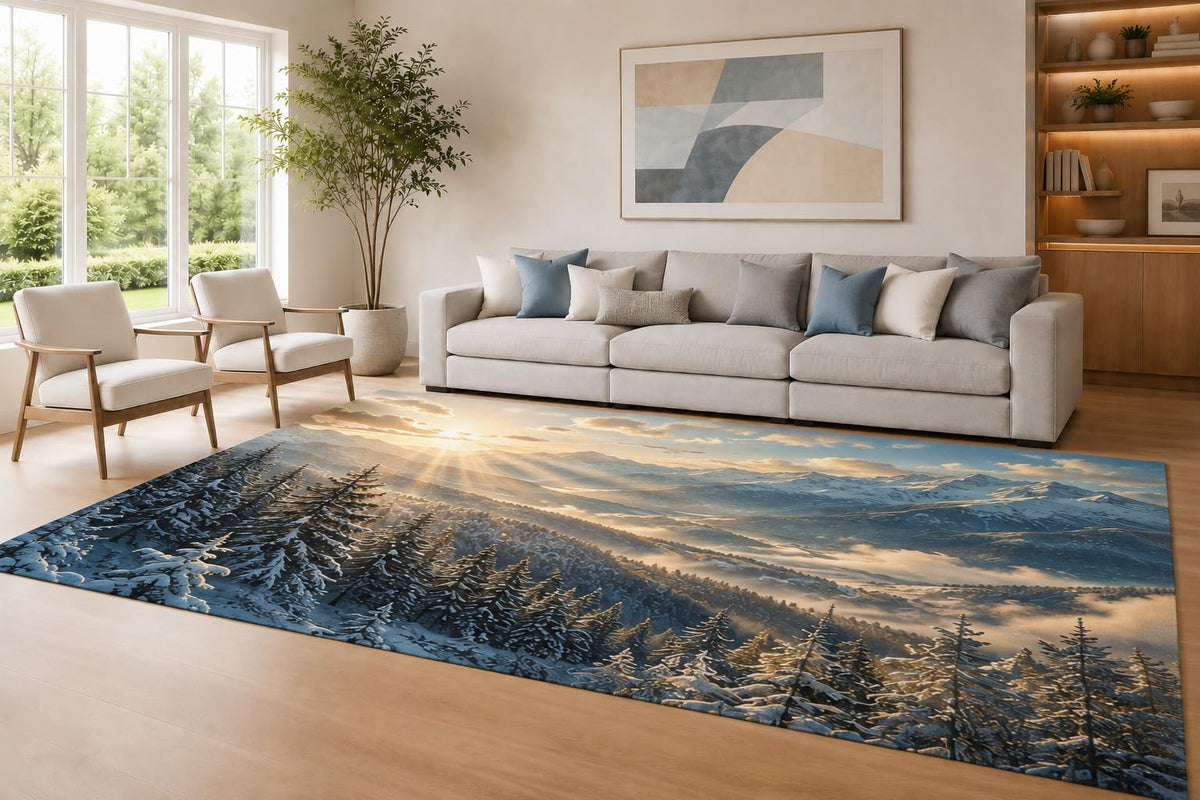 ICE ARMOR Large 6'7" x 9'10" Blue and Cream Snowy Valley Area Rug for Living Room, Soft Low Pile Carpet with Non-Slip Silicone Backing, Decor for Bedroom Dining Room and Home Office