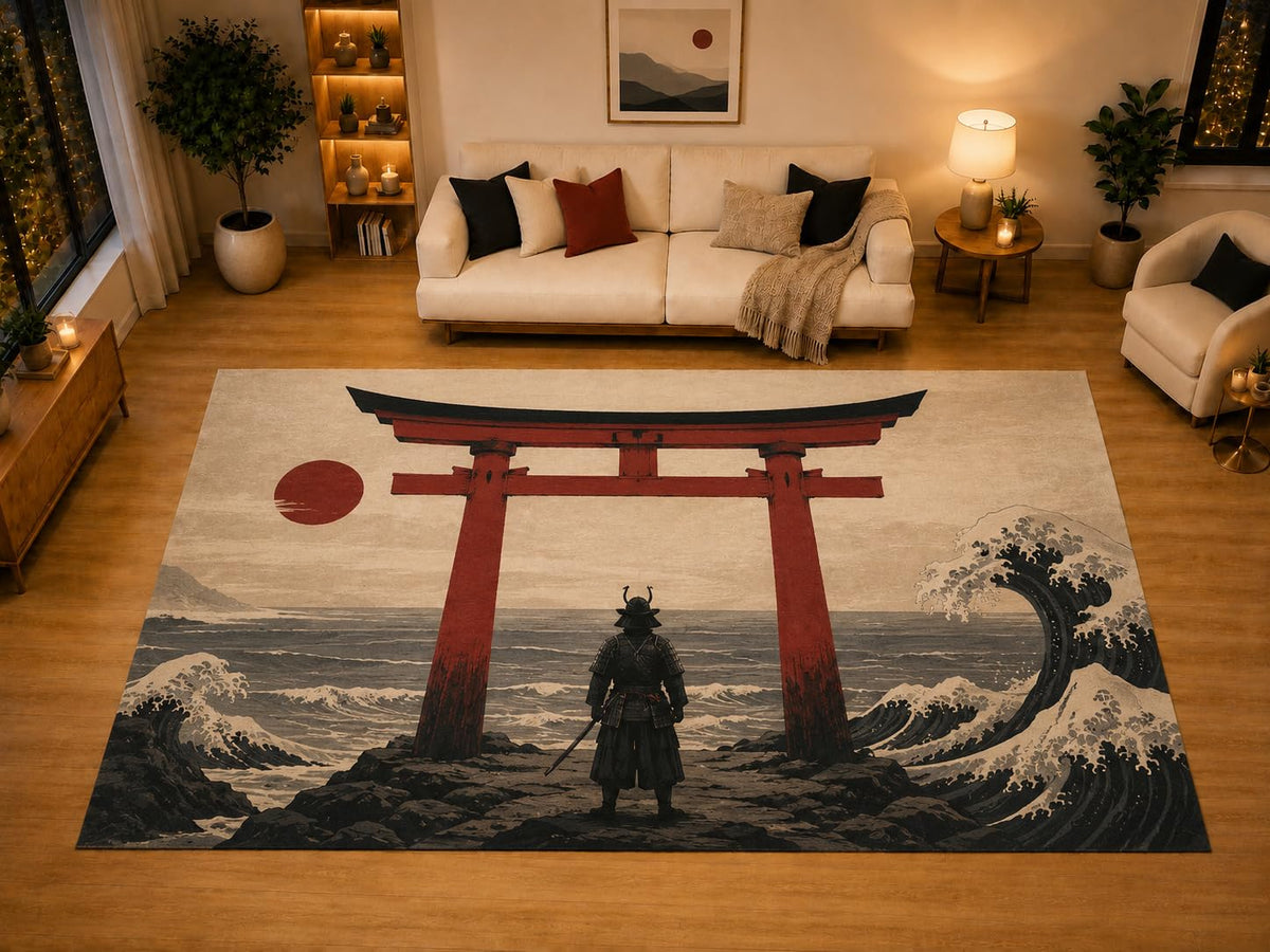 ICE ARMOR "Ultra Light Weight Large 6'7" x 9'10" Torii Gate Ocean Area Rug for Living Room Bedroom Dining Area, Soft Low Pile Non-Slip Backing, Beige Red Black Eastern Decor