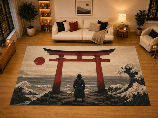 ICE ARMOR "Ultra Light Weight Large 6'7" x 9'10" Torii Gate Ocean Area Rug for Living Room Bedroom Dining Area, Soft Low Pile Non-Slip Backing, Beige Red Black Eastern Decor
