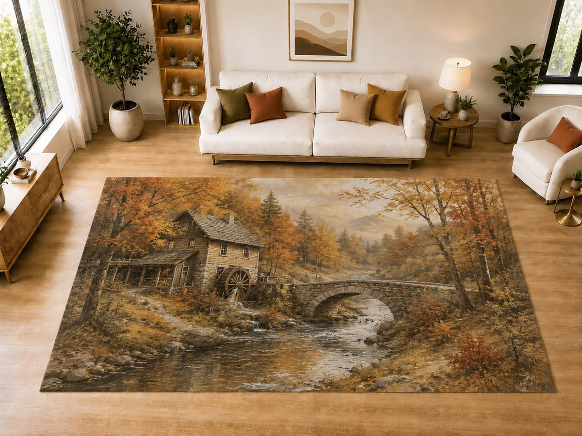ICE ARMOR "Ultra Light Weight Large 6'7" x 9'10" Autumn Watermill Stone Bridge Area Rug for Living Room, Bedroom, Dining Room, Soft Low Pile Non-Slip Backing, Orange Brown