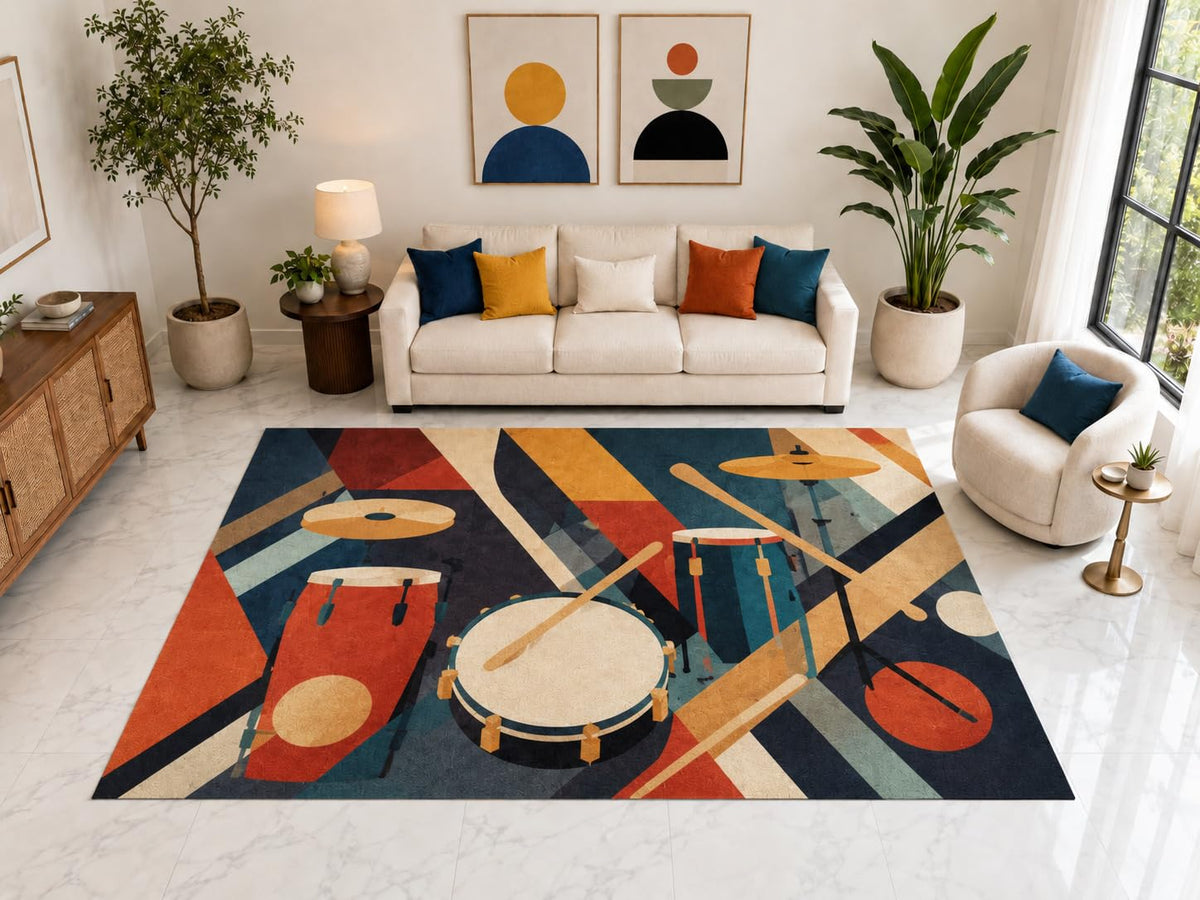 ICE ARMOR "Ultra Light Weight Large 6'7" x 9'10" Geometric Drum Set Rug, Soft Low Pile Indoor Rug, Non-Slip Silicone Backing for Living Room Orange