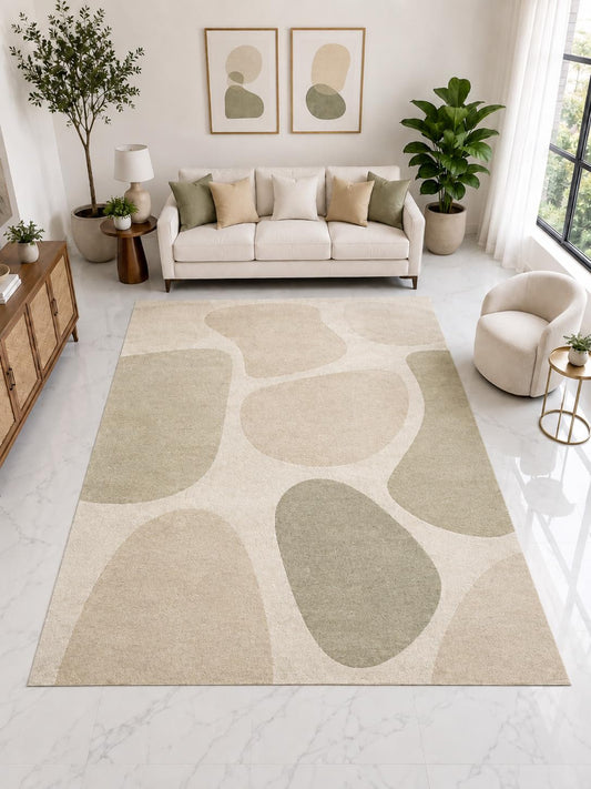 ICE ARMOR Large 6'7" x 9'10" Organic Pebble Area Rug, Soft Low Pile Indoor Rug with Non-Slip Silicone Backing for Living Room Bedroom, Beige Sage