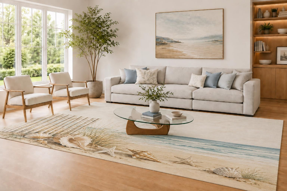 ICE ARMOR Large 6'7" x 9'10" Cream and Beige Seashell Shore Area Rug for Living Room, Soft Low Pile Carpet with Non-Slip Silicone Backing, Decor for Bedroom and Home Office