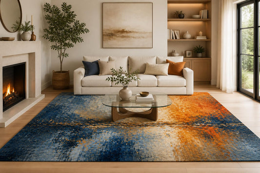 ICE ARMOR 6'7" x 9'10" Navy Blue, Orange and Beige Bold Color Field Area Rug for Living Room, Soft Low Pile with Non-Slip Backing, Bedroom, Dining Area and Office Decor