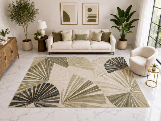 ICE ARMOR Large 6'7" x 9'10" Abstract Fan Leaf Area Rug, Soft Low Pile Indoor Rug with Non-Slip Silicone Backing for Living Room Bedroom Office, Gray