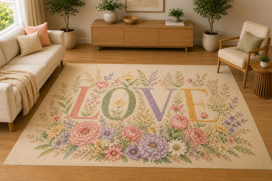 ICE ARMOR 5' x 7' Watercolor Floral Love Area Rug, Soft Low Pile Indoor Rug with Non-Slip Silicone Backing, Decorative Carpet for Living Room, Bedroom, Family Room, Beige Pastel