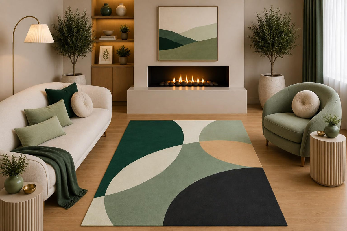 ICE ARMOR 5' x 7' Mid Century Modern Area Rug Sage Green Cream Charcoal Abstract Curved Geometric Design for Living Room Bedroom Dining Room Non-Slip Silicone Backing Low Pile