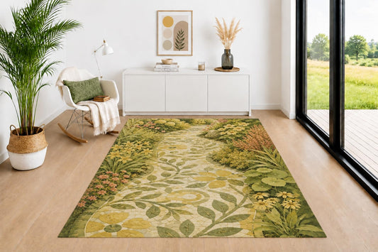ICE ARMOR 5' x 7' Garden Mosaic Path Area Rug for Living Room, Soft Low Pile Indoor Rug with Non-Slip Backing, Floral Carpet for Bedroom, Dining Room, Office, Green Yellow