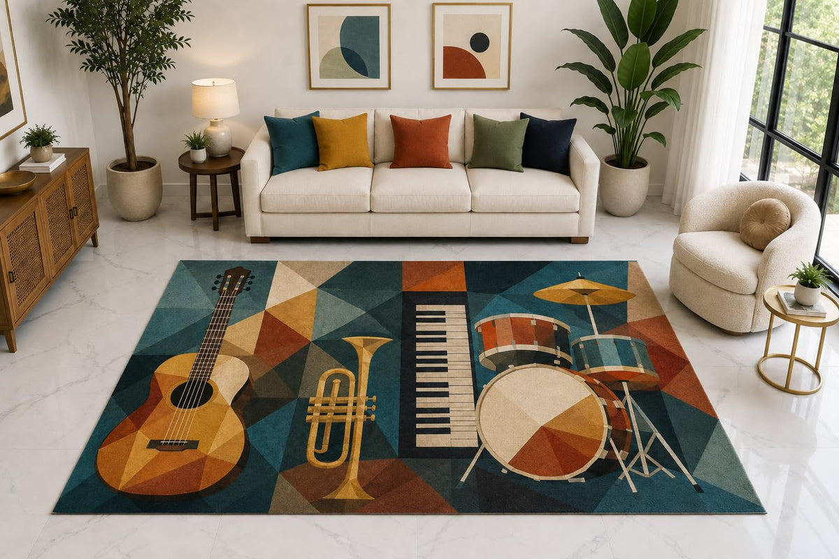 ICE ARMOR "Ultra Light Weight Large 6'7" x 9'10" Music Band Geometric Rug, Soft Low Pile Indoor Rug, Non-Slip Silicone Backing for Living Room Teal