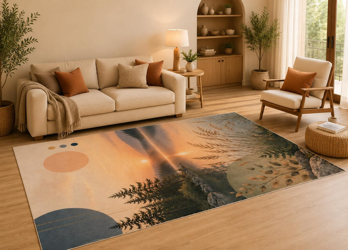 ICE ARMOR 5' x 7' Modern Mountain Lake Sunset Area Rug with Non-Slip Silicone Backing Low Pile Soft Carpet for Living Room Bedroom Nature Landscape Decor