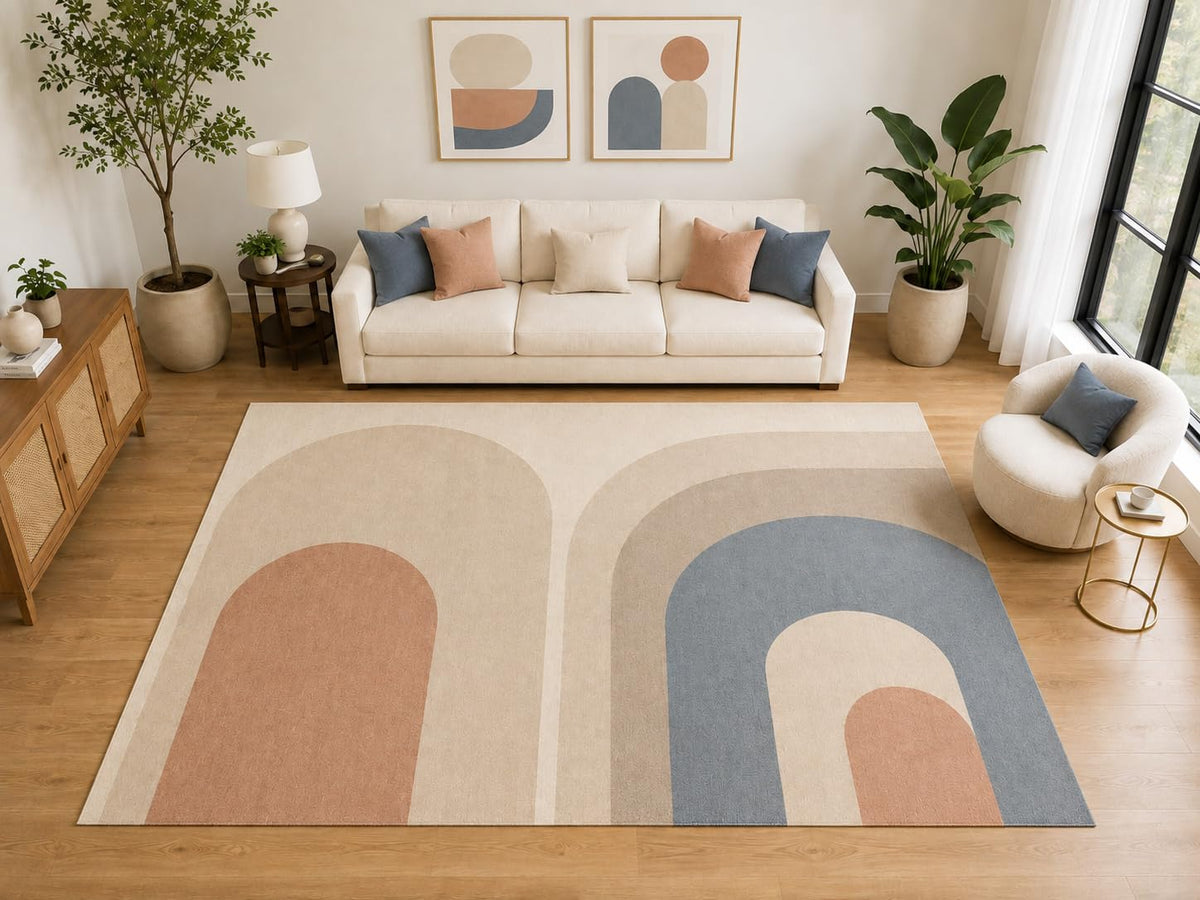 ICE ARMOR "Ultra Light Weight Large 6'7" x 9'10" Boho Rainbow Arch Area Rug, Soft Low Pile Indoor Rug and Non-Slip Silicone Backing for Living Room Nursery, Blue Beige