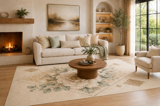 ICE ARMOR Large 6'7" x 9'10" Ivory and Beige Soft Floral Patchwork Area Rug for Living Room, Soft Low Pile Carpet with Non-Slip Silicone Backing, Decor for Bedroom, Dining Area and Home Office