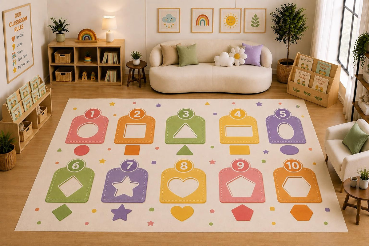 ICE ARMOR Large 6'7" x 9'10" Numbers and Shapes Learning Activity Area Rug for for Kids Room, Classroom, Bedroom, Playroom Decor, Soft Low Pile Indoor Rug with Non-Slip Silicone Backing, Pastel Cream