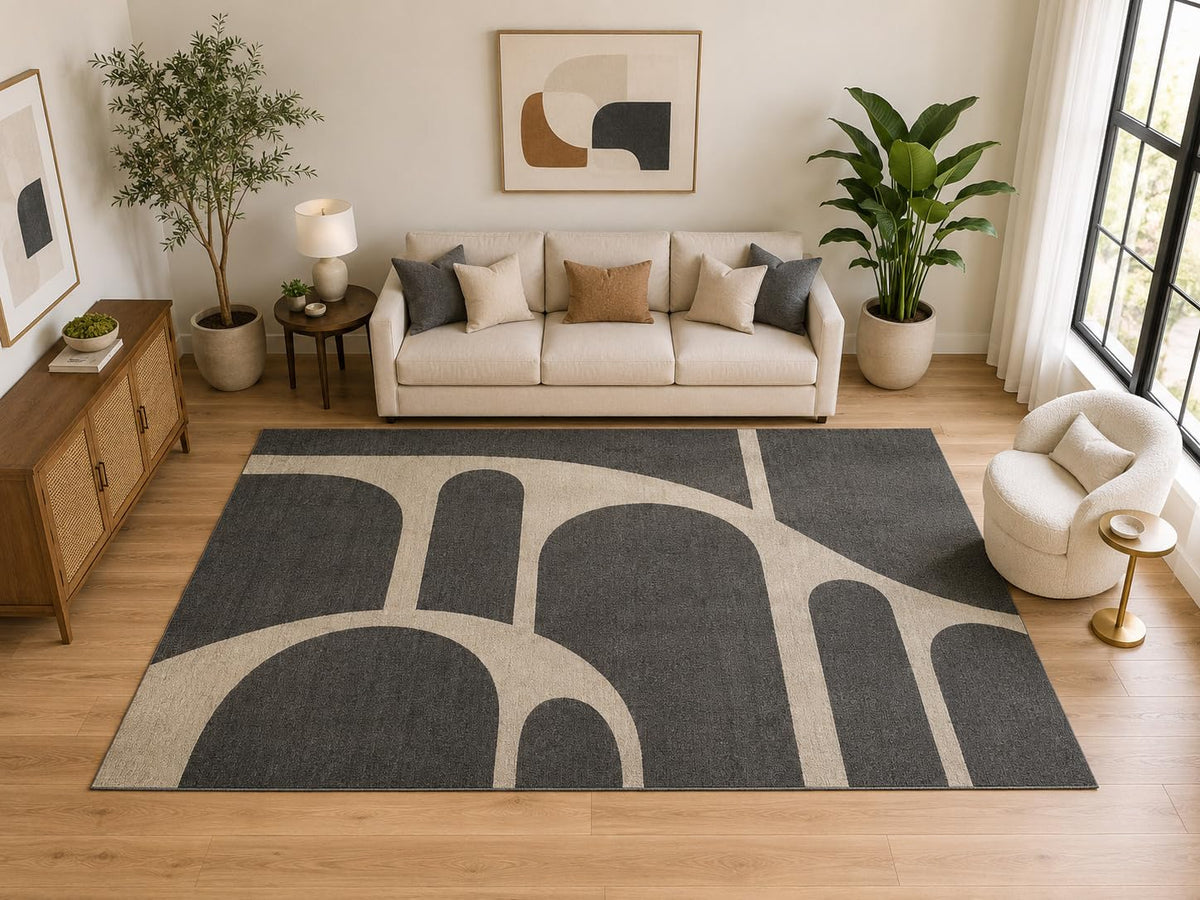 ICE ARMOR Large 6'7" x 9'10" Modern Abstract Arch Area Rug for for Bedroom, Living Room, Soft Low Pile Indoor Rug with Non-Slip Silicone Backing, Charcoal Ivory