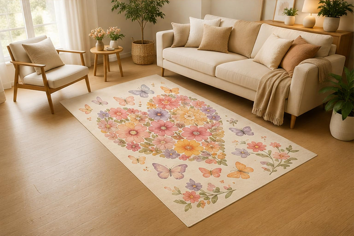 ICE ARMOR 5' x 7' Butterfly Floral Heart Bouquet Area Rug, Soft Low Pile Indoor Rug with Non-Slip Silicone Backing for Living Room, Bedroom, Nursery, Kids Room, Kids & Pets, Pink Purple Yellow
