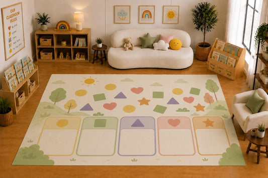 ICE ARMOR Large 6'7" x 9'10" Shape Sorting Learning Area Rug for for Kids Room, Classroom, Bedroom, Playroom Decor, Soft Low Pile Indoor Rug with Non-Slip Silicone Backing, Cream Pastel Multicolor