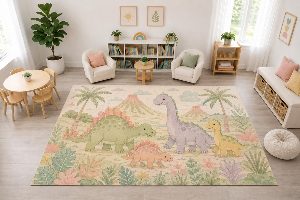 ICE ARMOR "Ultra Light Weight Large 6'7" x 9'10" Dinosaur Volcano Jungle Rug, Soft Low Pile Indoor Rug, Non-Slip Silicone Backing Nursery Kids Cream