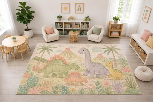 ICE ARMOR "Ultra Light Weight Large 6'7" x 9'10" Dinosaur Volcano Jungle Rug, Soft Low Pile Indoor Rug, Non-Slip Silicone Backing Nursery Kids Cream