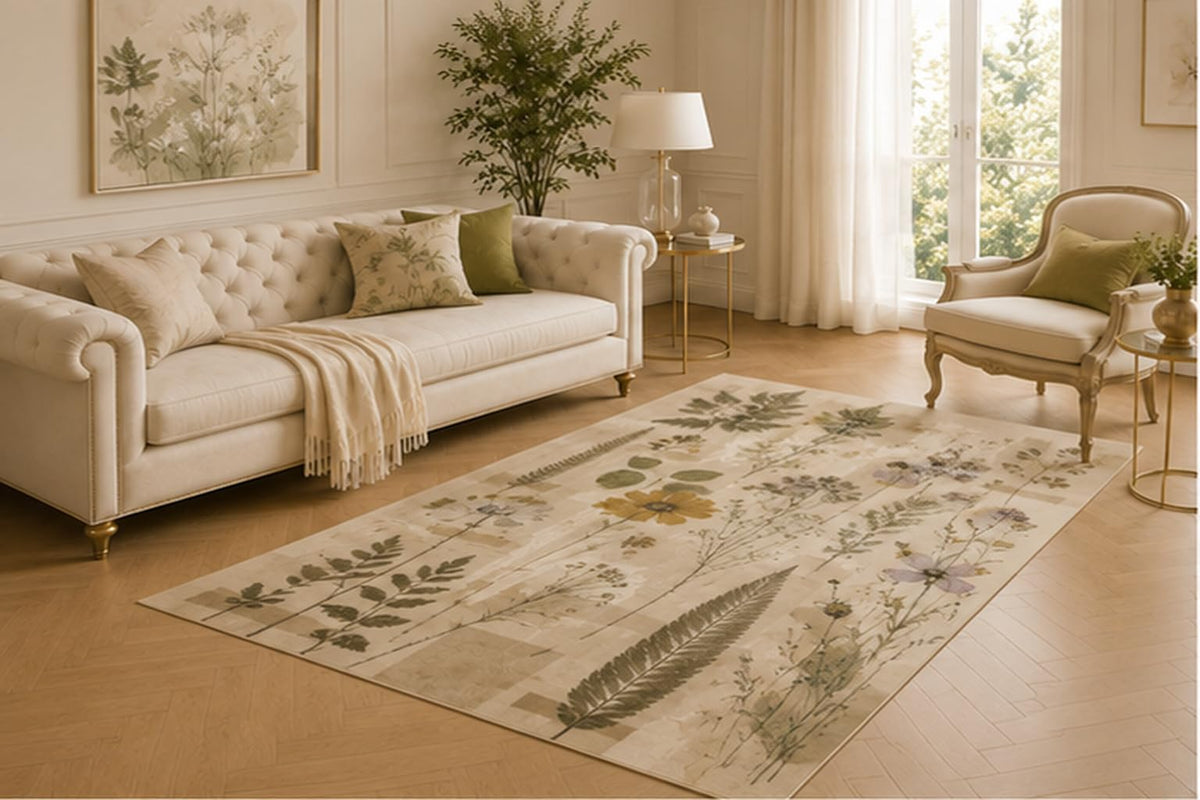 ICE ARMOR 5' x 7' Botanical Herbarium Area Rug for Living Room, Soft Low Pile Indoor Carpet with Non-Slip Backing for Bedroom, Dining Room, Office, Neutral