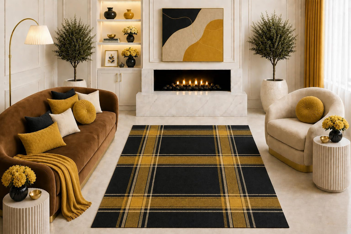 ICE ARMOR "Ultra Light Weight 5' x 7' Black Gold Plaid Area Rug Modern Tartan Geometric Pattern Living Room Bedroom Office Home Decor Non-Slip Silicone Backing Low Pile